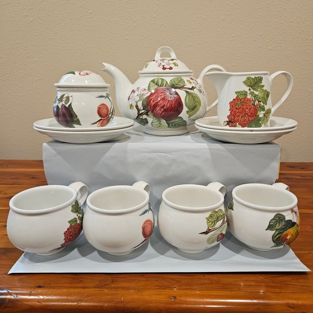 Portmeirion Pomona Tea Set Teapot Sugar Creamer Cups Saucers Botanical Fruit11pc